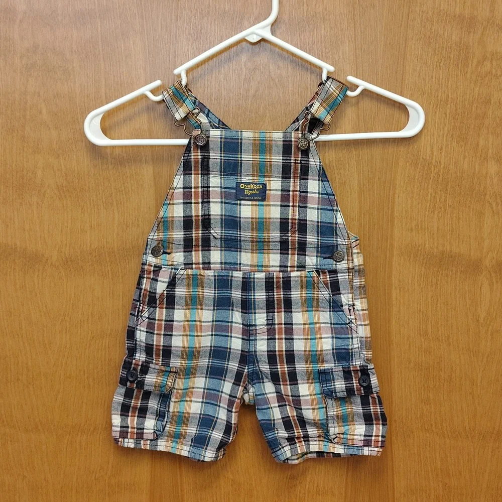 OshKosh B'gosh Kids Plaid Shorts Overalls Blue, Maroon, Mustard, Teal And Cream